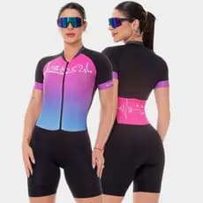 Macaquinho de Ciclismo Feminino Macacão Forro Espuma Manga Curta Rosa Roxo Roupa Bike Pedal Mtb