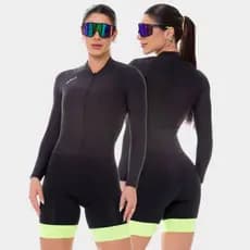 Macaquinho Ciclismo Feminino Macacão Manga Longa Forro Gel Way Fresh Preto Verde Roupa Bike MTB
