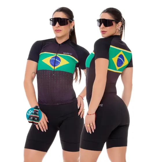 Conjunto de Ciclismo Feminino Camisa Brasil Points Pro Bermuda Gel