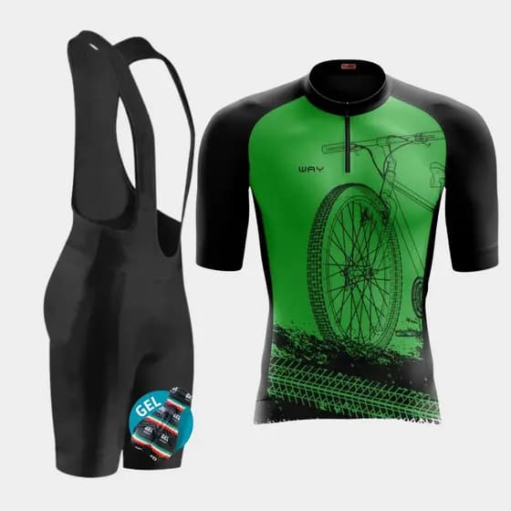 Kit de Ciclismo Masculino Bretelle e Camiseta Bike Roda Verde Profissional