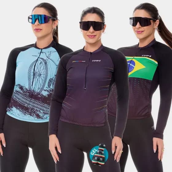 Conjunto Ciclismo Feminino Camisa Manga Longa Várias Estampas Bermuda Forro Gel Uv Mtb