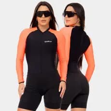 Macaquinho Ciclismo Feminino Manga Longa Preto com Laranja Acolchoado Slim Macacao Bike Mtb