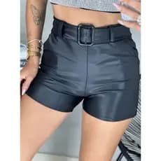 Short courino com Cinto Fivela couro fake Curto Tecido Couro Fake Cirrê Cintura Alta Preto