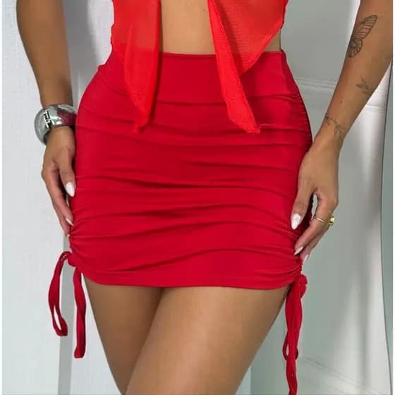 Saia Franzida Drapeada Feminina Modelo Ajustável nas Laterais Tecido Suplex Moda Gringa