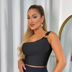 Cropped Luna Blusa Alça Lateral Argola Assimétrico Dourado Mula Manca Suplex Premium Elegante Casual Moda Feminina