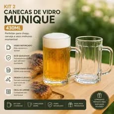 Kit 2 Canecas de Vidro Munique 430ml – Caneca Chopp e Cerveja, Vidro Reforçado, Alta Qualidade