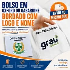 Bolso Bordado Para Jaleco Oxford ou Gabardine / BOLSO SEMI PRONTO + BRASÃO OU LOGO + NOME