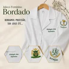 Jaleco Feminino Acinturado Oxford Manga Longa Branco Bordado logo/profissão - Avental Hospitalar/Dentista/Laboratório