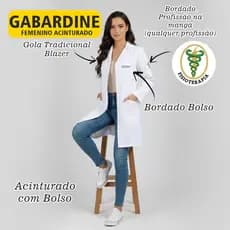 Jaleco Femenino Bordado Acinturado Gabardine Bordado Manga e Bolso Avental Enfermagem Dentista Laboratorio