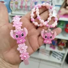 kit Tiara e Pulseiras Stitch e Angel - Tiara Florzinha / Arquinho Infantil - Temática