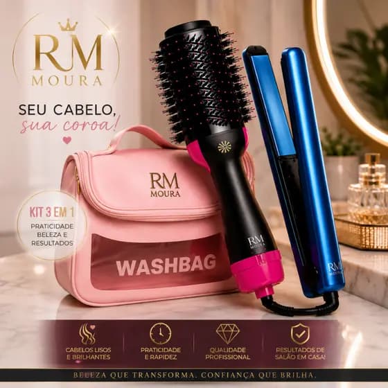 Kit Escova Secadora Rotativa para Cabelo Secador e Chapinha e Necessaire 110V