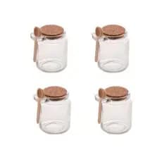 Kit 4 Potes de Vidro com Tampa de Rolha e Colher de Bambu 250ml Saleiro Açucareiro