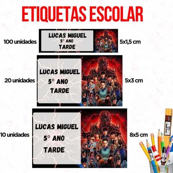 Kit 130 Etiquetas Escolar Stranger things - Volta as Aulas ~ Etiquetas Adesiva Escolar Personalizado