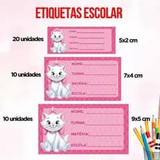 Kit 40 Etiquetas Escolar Gatinha Marie - Volta as Aulas ~ Etiquetas Adesiva Escolar Personalizado