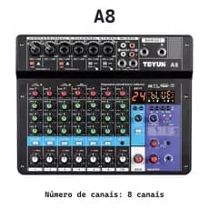 Console de mixagem TEYUN A8 de 8 canais com USB 48V e Bluetooth Mixer profissional para transmissão ao vivo
