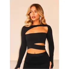 Cropped manga longa com dedal feminino tecido suplex moda gringa assimetro festival moda bloqueira 2025 moderno elegante