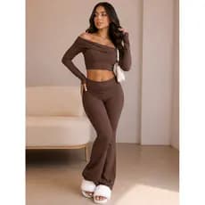 Conjunto feminino cropped tomara que caia manga longa e calça lisa tecido suplex roupa dia a dia academia pilates