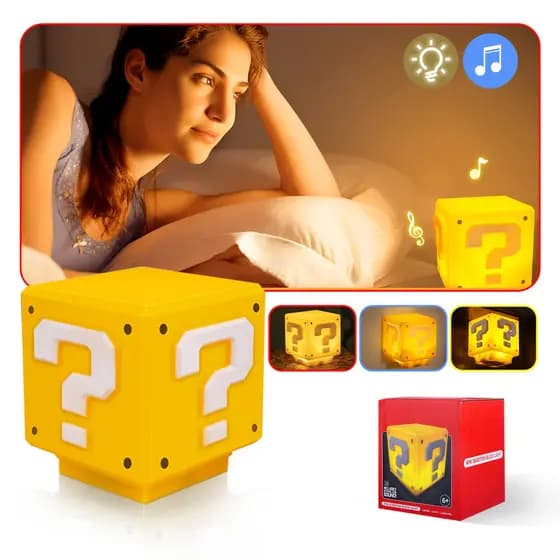 Luminária Para Quarto Super Mario Bros Com Som Cubo Bloco Gamer Abajur De Cabeceira Mesa