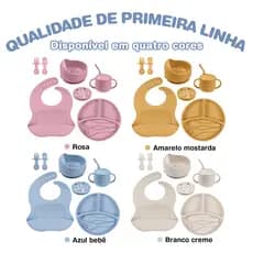 Kit de Alimentação Infantil 9 Peças em Silicone alimentício com Prato Babador Copinho e Talheres