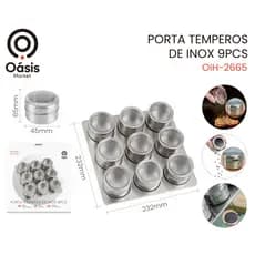 Porta Condimentos Temperos Magnetico Inox 6 Pçs ou 9 Pçs Com Suporte Imã Geladeira Cozinha