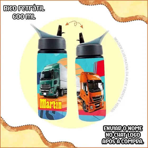 CAMINHÃO - Garrafa de água de alumínio PERSONALIZADA COM NOME - carreta squeeze infantil natal