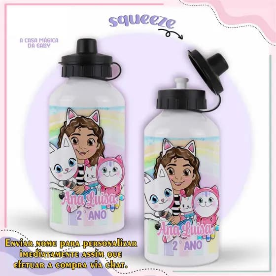 Casa da Gabi | Garrafa de alumínio infantil personalizada com nome 400 ml garrafinha de água escola