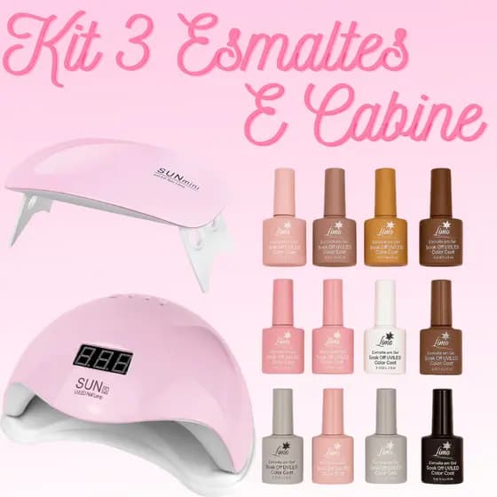 Kit 3 Esmaltes ou 3 Esmaltes + Cabine Sun 5 ou Sun Mini Esmalte Gel Seca UV Iniciante Profissional