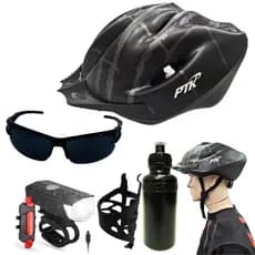 Kit capacete bike bicicleta ciclismo mtb óculos escuro sinalizador led dianteiro traseiro squeeze garrafa caramanhola