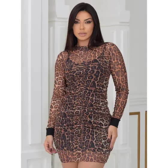 Vestido Curto Tule Franzido Estampa Manga Longa Transparente