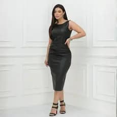 Vestido Feminino Longuete Couro Regata Franzido na Lateral