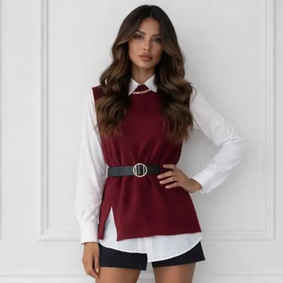Conjunto Camisa E Colete Tricot Com Cinto Elegante Para Looks Sofisticados