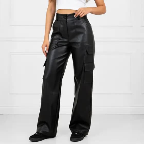 Calça Feminina Wide Leg Cargo Couro PU Moda Outono Inverno