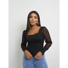 Blusa Feminina Manga Longa Tule Bufante Poa Bolinhas Decotada  Blogueiras