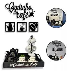 Kit Cantinho do Café Bandeja Grande + Placa Decorativa Em MDF Preta Diversos Ambientes