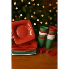 Kit Natal Pratos Quadrados + Copos 300ml Reutilizável Mesa Natalina - Lanche, Refeições