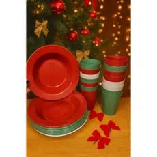Kit Natal Copos 300ml + Pratos Fundos Redondos de Plástico Mesa Natalina, Festas, Merenda, Crianças