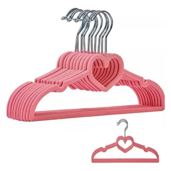 Kit【10】Cabides Infantis Rosa Veludo e Formato de Coração, Antideslizantes com Gancho Giratório 360° Organização em Geral