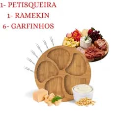 Petisqueira Redonda Para Petiscos P/ Frios Queijo C/ Molheira Ramekin e Garfinhos Inox