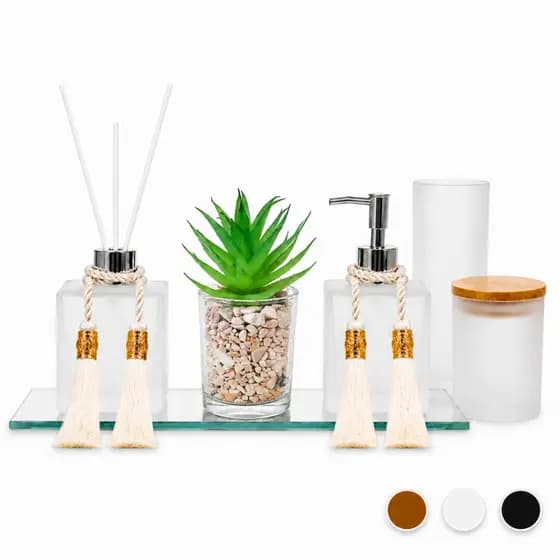Kit Lavabos Vidro Porta Sabonete Líquido Difusor Porta Escova Algodão Banheiro Decoração 9 PEÇAS