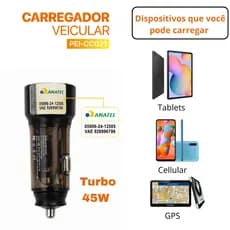 Carregador Veicular Turbo 45W 2 Entradas USB C e USB Para Celular GPS e Tablet Android e IOS