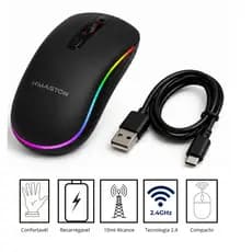 Mouse Sem Fio Recarregável RGB Ergonômico 2.4GHz USB-C Silencioso DPI Ajustável Gamer Home Office