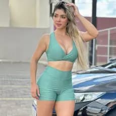 Conjunto Feminino Elastano Poliamida  Zero Transparência Top E Short com Brilho Cós Alto