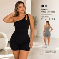 Macaquinho Gota Feminino Um Ombro Só Fitness Casual Cintura Marcada Modelador Preto Cinza Mesclado P ao GG Premium