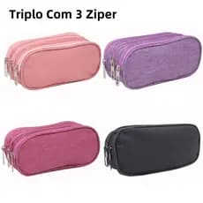 Estojo Escolar Masculino Feminino Grande 3 Ziperes Triplo Com 6 Cores Para Escolher
