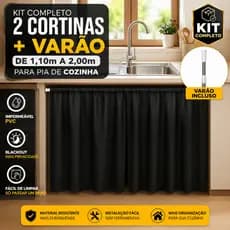 Kit 2 Cortinas Pia Cozinha Impermeável PVC Blackout + Varão extensível 1,10 a 2,00 m