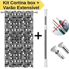 Kit Cortina Box Banheiro com Ilhós + Varão Suporte Extensivel Anti Mofo Varias Cores