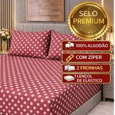 kit Lençol malha queen box casal poá 100% algodão com fronha estampa de bolinhas brancas e lençol rosa- 3 peças