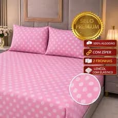 kit Lençol malha queen box casal 100% algodão com fronha estampa de bolinhas brancas e lençol rosa claro poá - 3 peças