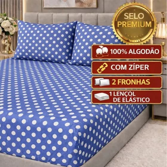 kit Lençol malha queen box casal 100% algodão com fronha estampa poá de bolinhas brancas e lencol azul - 3 peças