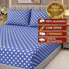 kit Lençol malha queen box casal 100% algodão com fronha estampa poá de bolinhas brancas e lencol azul - 3 peças